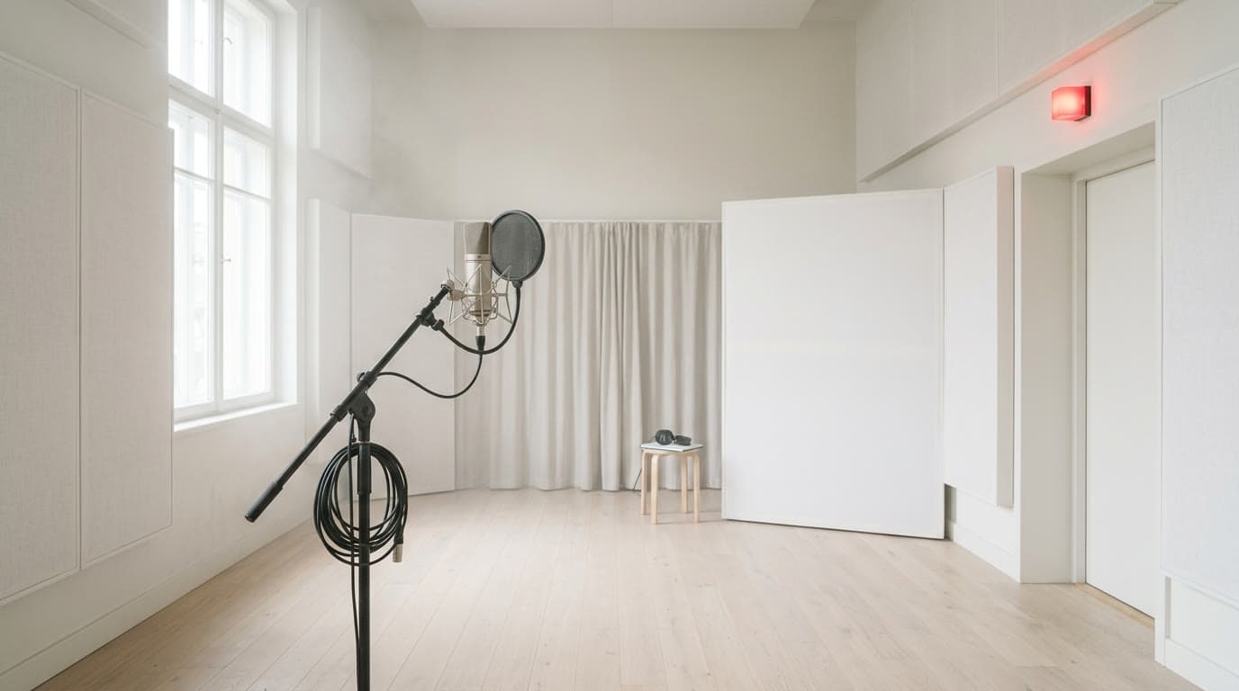 Leeres, lichtdurchflutetes Aufnahmestudio mit wartendem Mikrofon