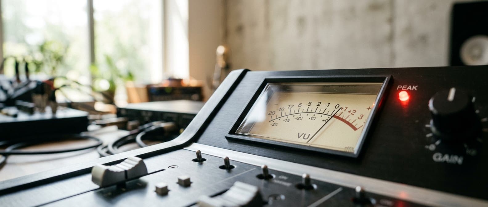 Analoges VU-Meter am Mischpult — Sinnbild für transparente, messbare Konditionen