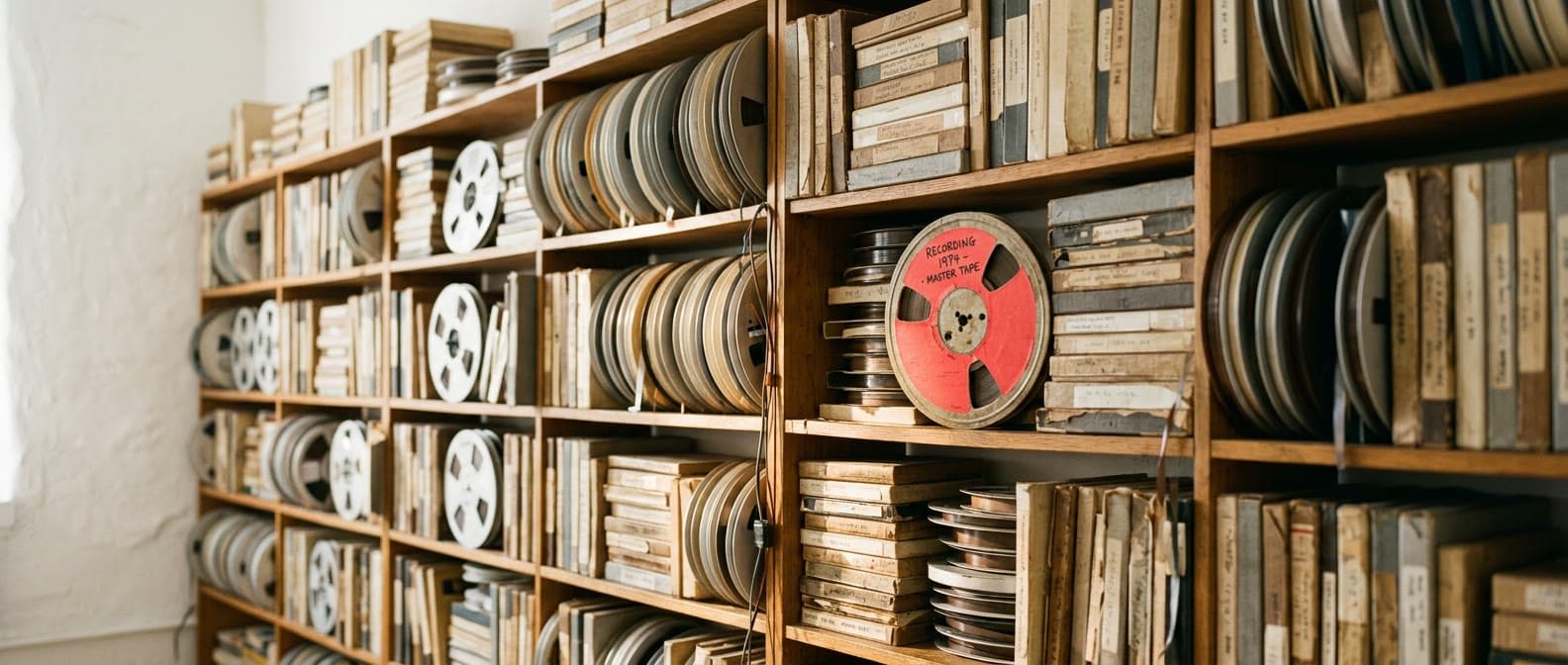 Archivregal voller Tonbänder — Produktionen aus über vier Jahrzehnten