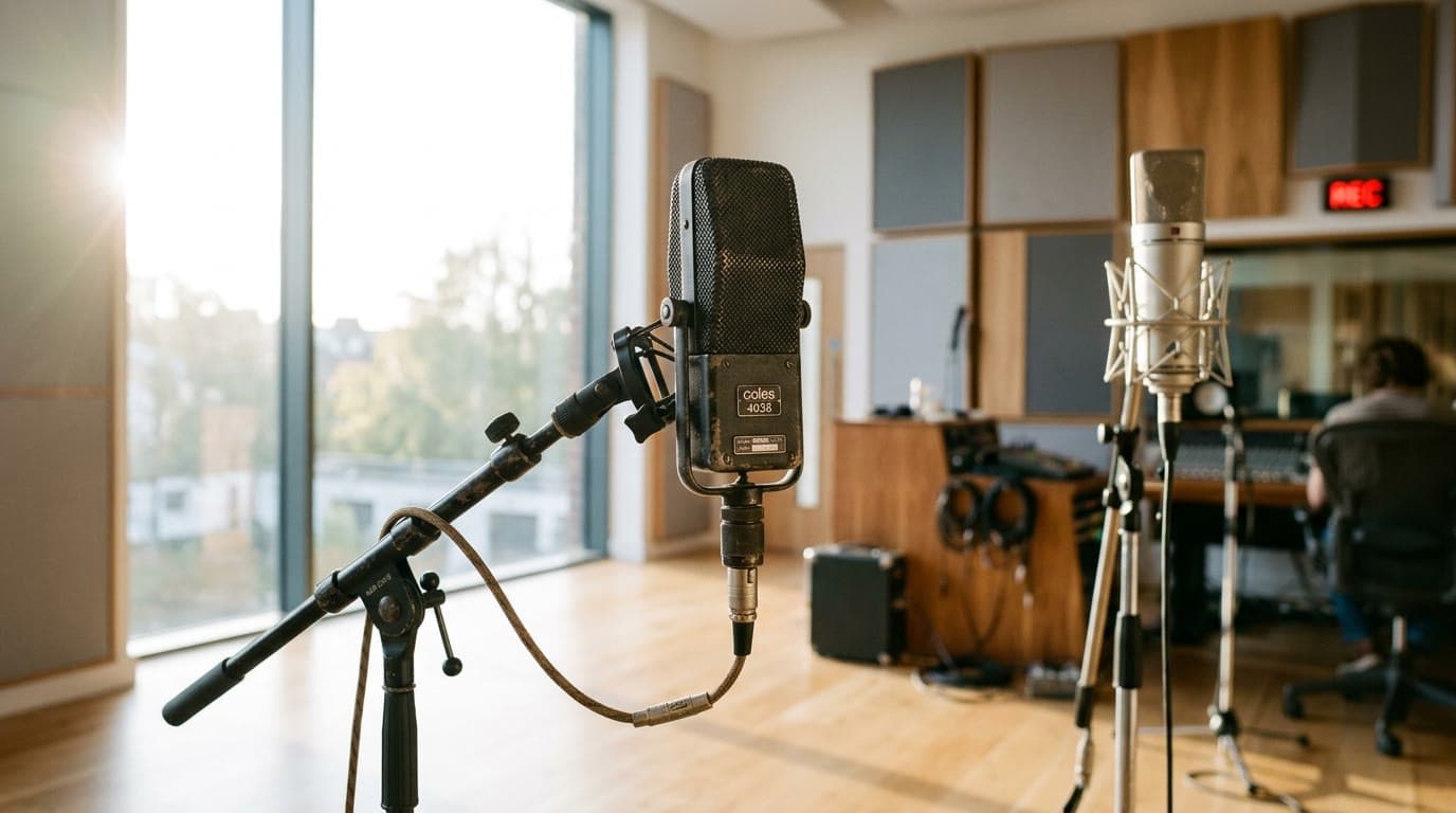 Klassisches Bändchenmikrofon im Morgenlicht, dahinter ein modernes Studio — seit 1980 im Geschäft