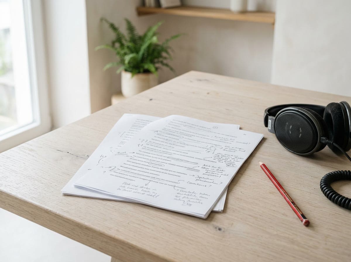Skriptseiten mit Anmerkungen, Kopfhörer und Rotstift auf hellem Studiotisch