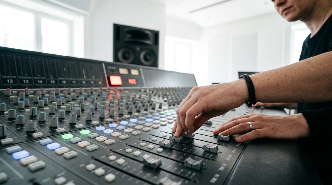 Hände am Mischpult im hellen Studio von World Wide Voices